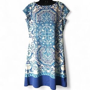 Isaac Mizrahi Live Blue White Medallion Tile Print Shift Dress XS Short Sleeve